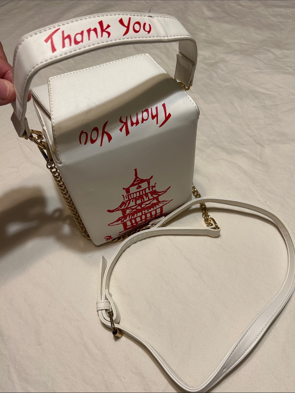 White Mini Box Crossbody Bag with Red Pagoda and 'Thank You' Print